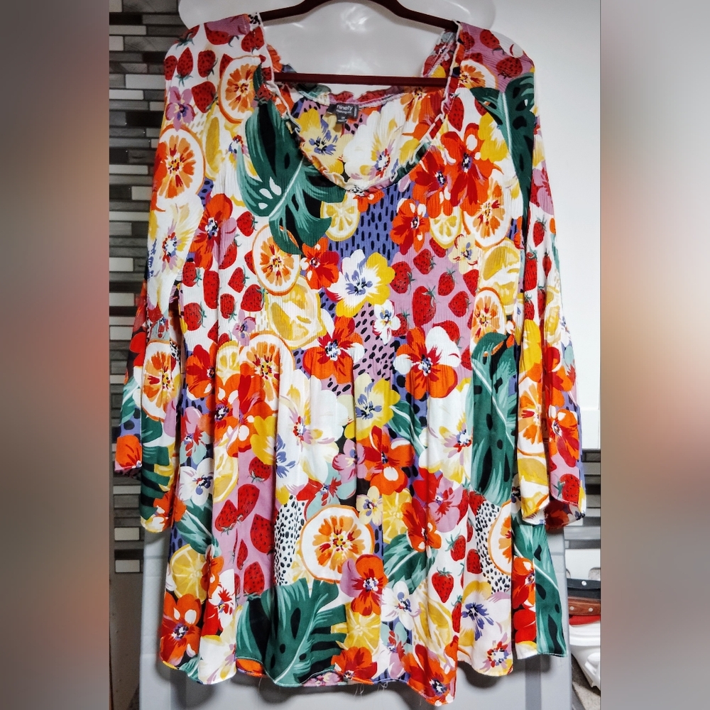 Ninety Clothing Fruit And Flower Blouse/Tunic SZ- 2X